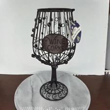 Wine Cork Cage Holder Glass Shape Metal Decor Bead Grape Accents Storage Contain