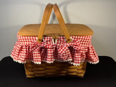 1992 Longaberger Large Picnic Basket Wood Lid Red Gingham Liner USA