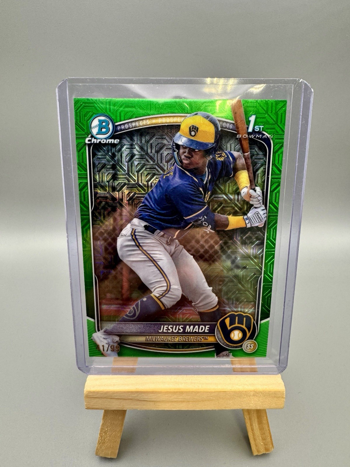 Jesus Made - 2025 1st Bowman Chrome /99 Rookie Green Mojo RC #BCP-50 Brewers