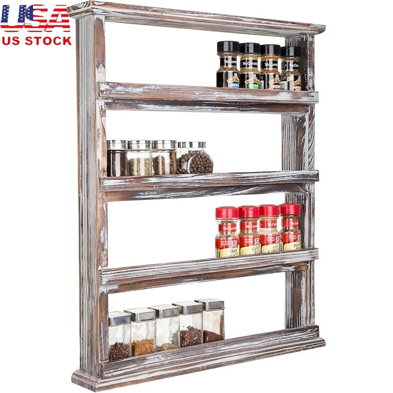 Wall-Mounted Wood Spice Rack Organizer Rustic Kitchen Storage 4 Tier Shelf Decor
