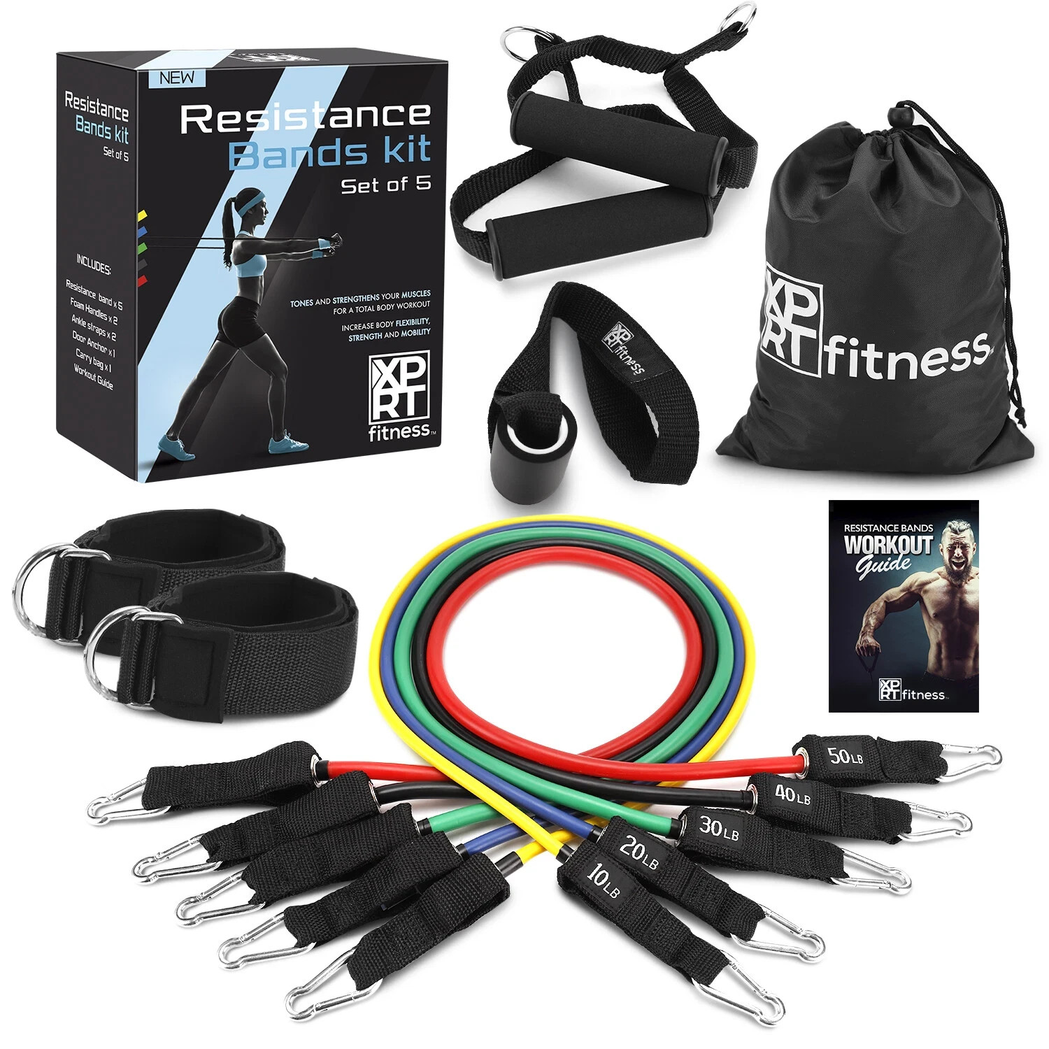 XPRT Fitness Juego de 11 Bandas de Resistencia 150LB - Kit de Gimnasio en Casa Definitivo