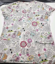 Willowbrook Owl Scrub Top, Size Small, V Neck, Short Sleeve, 2 Front Pockets