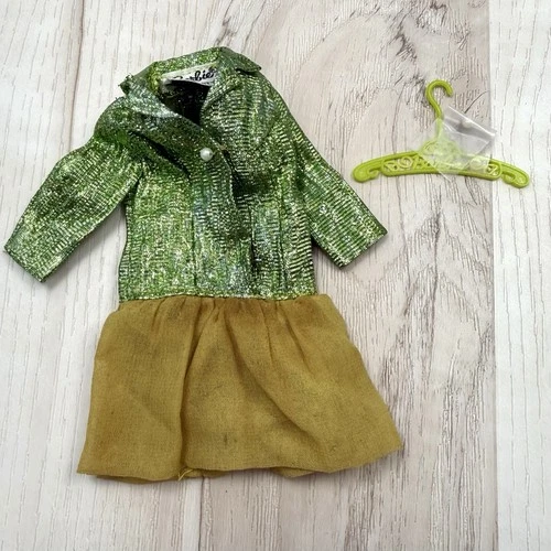 VTG 1970 MATTEL Barbie City Sparklers #1457 Green Lame DRESS & Hanger *Needs TLC
