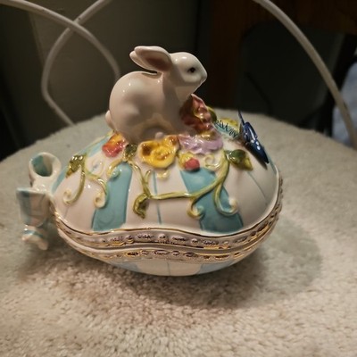 Gorgeous Ceramic Easter Bunny Rabbit on Egg Covered Bowl Candy Dish