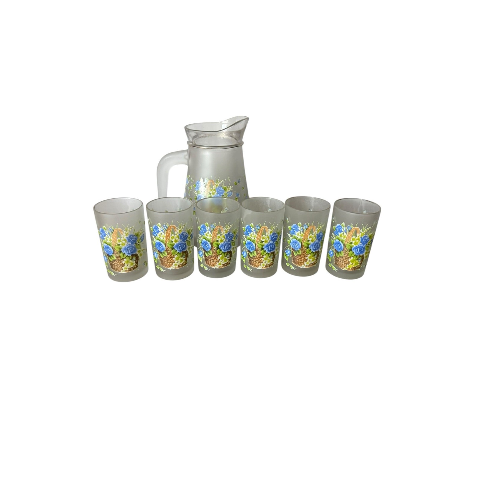 Vintage MCM Brilliant Brand Frosted Pitcher and 6 tumbler set Blue Roses Floral 