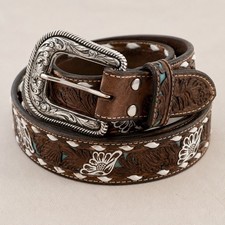Nocona XL Tooled Leather Western Belt Floral Turquoise Inlay 1.5 Brown