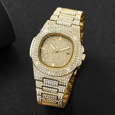 Luxury Mens Stainless Steel Watch Diamond Quartz Sports Wristwatch Calendar