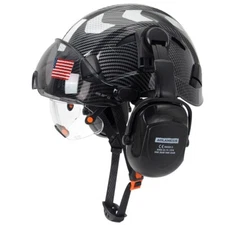 Industrial Safety Helmet w/ Double Goggles Earmuffs ANSI Hard Hat Carbon Fiber