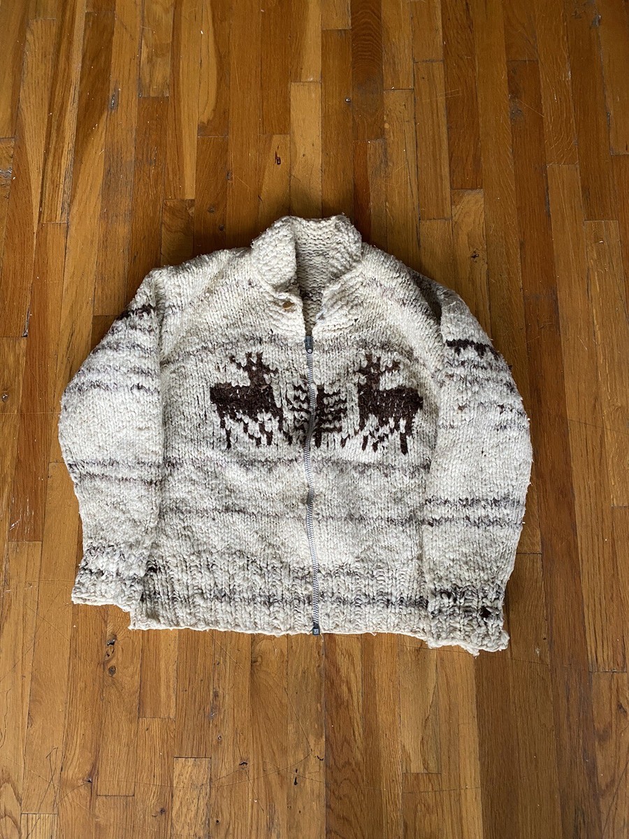 Vintage 1940s Cowichan Shawl Collar Wool Zip Up Western Sweater (L 
