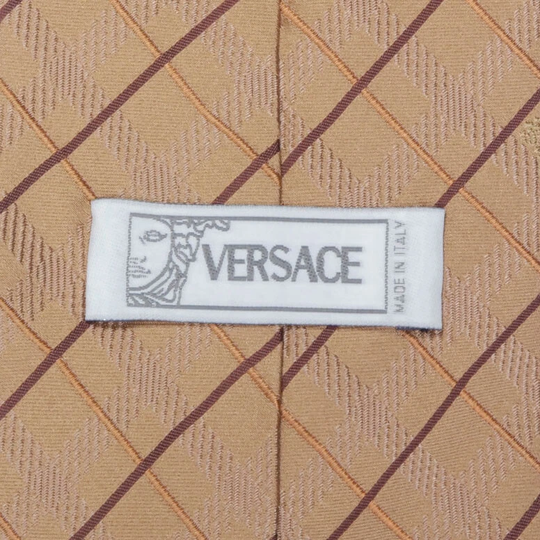 VERSACE Elegant Gold Shimmering Plaid Medusa Head Men's Silk Neck Tie - Image 4 of 4