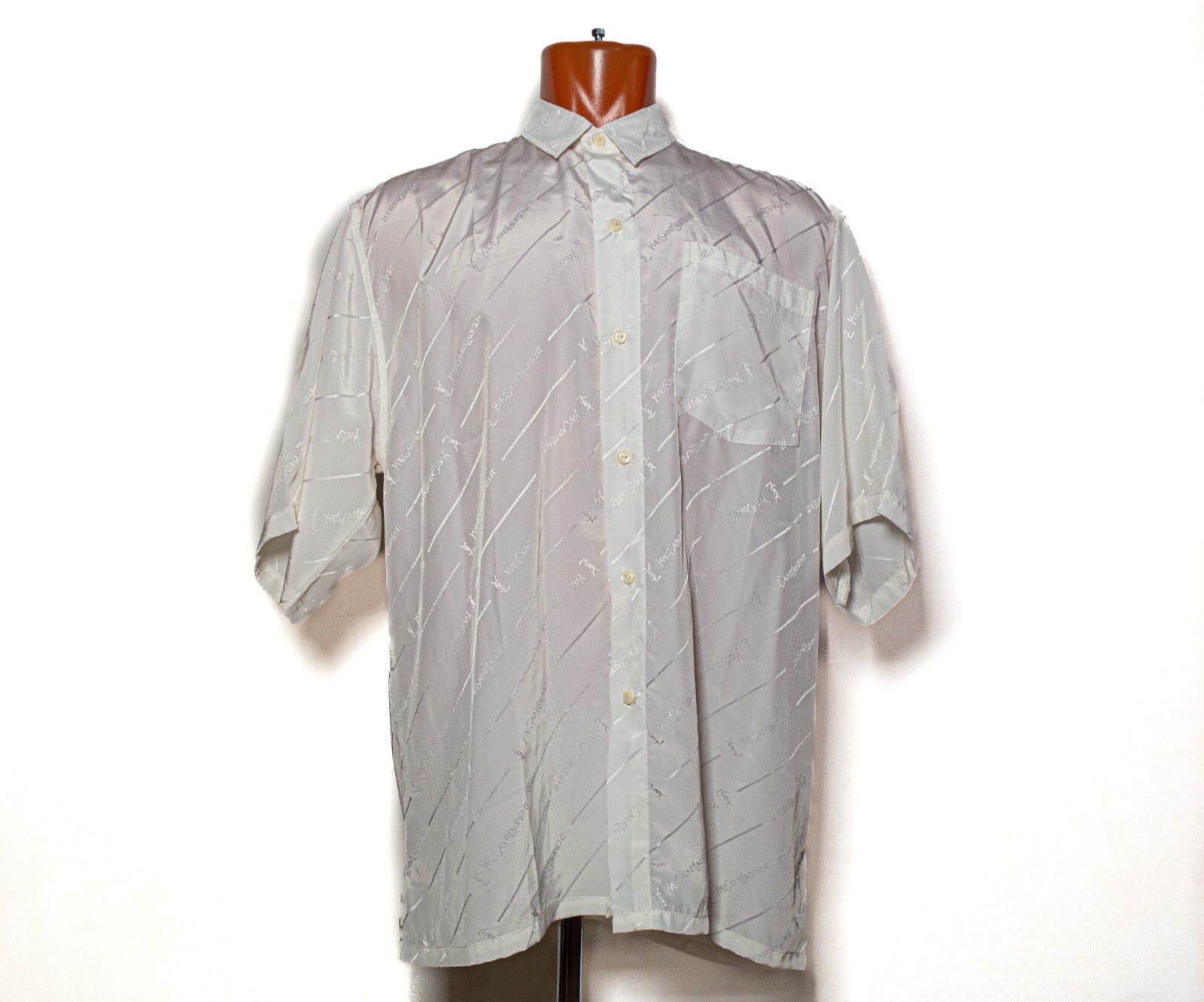 Camicia da uomo vintage monogramma Saint Laurent 100% seta YSL manica corta taglia XL