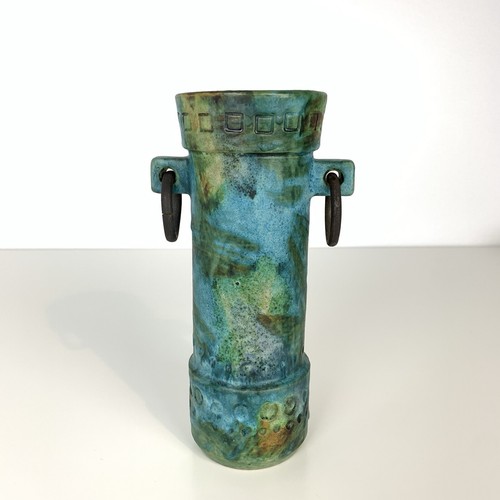 Alvino Bagni Sea Garden Vase Blue Green Iron Loop Handles MCM Italy Pottery Vtg - Picture 7 of 12