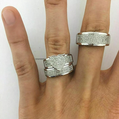 3Ct Lab Created Diamond Heart His Her Wedding Trio Ring Set White Gold Plated
