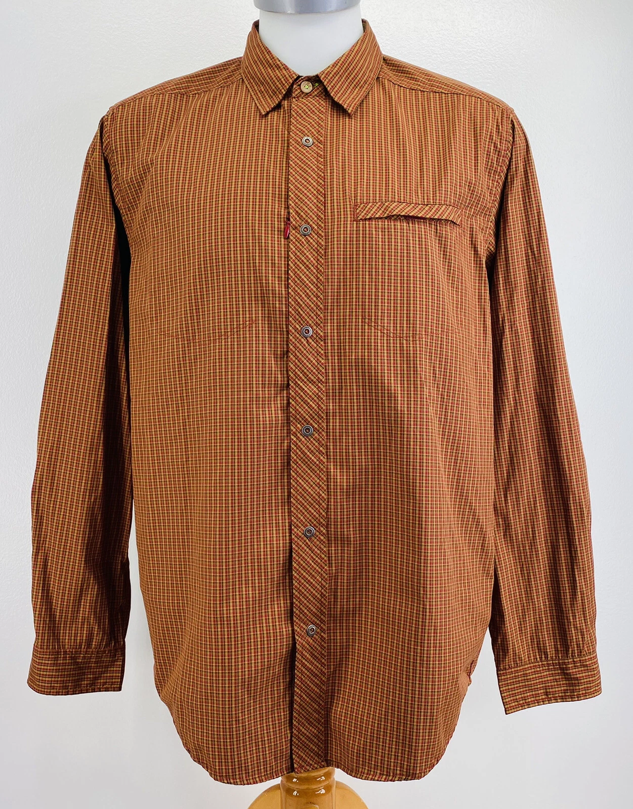 Exofficio Mens Sz XL Vented Hiking Long Sleeve Shirt Brown Plaid Nylon Blend S1