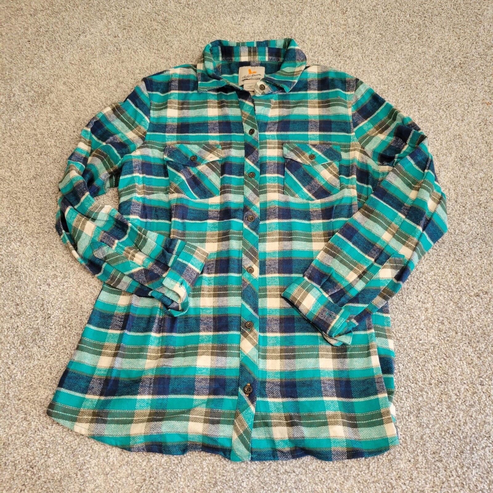 Field and Stream Women Flannel Shirt Large Teal Blue Plaid Classic Lightweight eBay