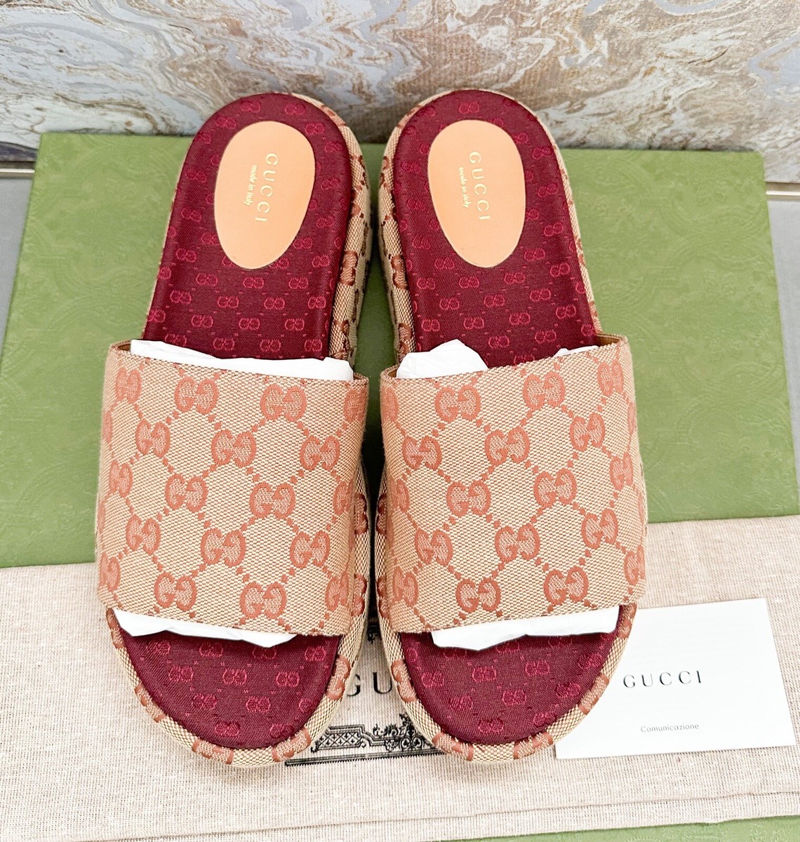 【関税&送料込】Gucci Gg Canvas In Flat Sandals Gucci Canvas GG Monogram Angelina Platform Slide Sandals | eBay