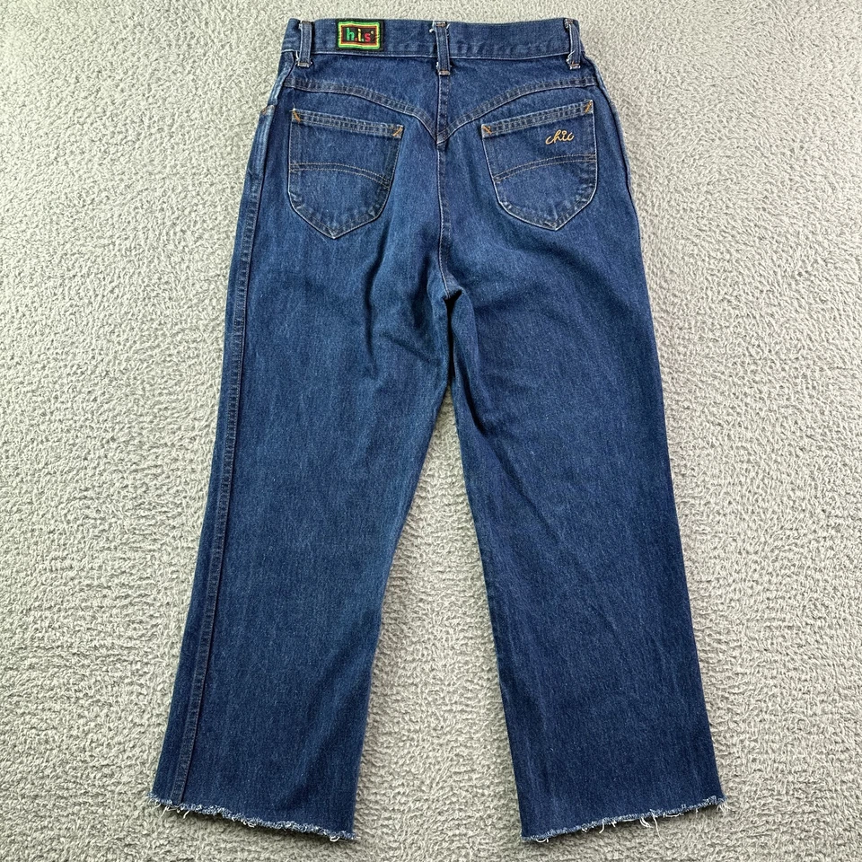Pantalones de mezclilla H.I.S vintage elegantes para mujer 28 azules mamá dobladillo crudo tiro alto años 70 80 28x25 Foto 2 de 4
