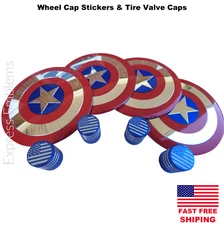4x Captain America Wheel Cap Hub Sticker Decal 2.20" & 4x Tire Stem Valve Caps