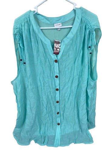 Avenue Blouse Womens Size 30/32 Sleeveless Green Blue Button Up Tunic Shirt NEW