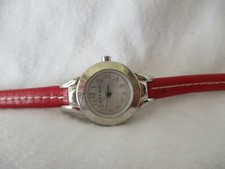 Nine West Wristwatch Red Buckle Band Silver Toned Round Face