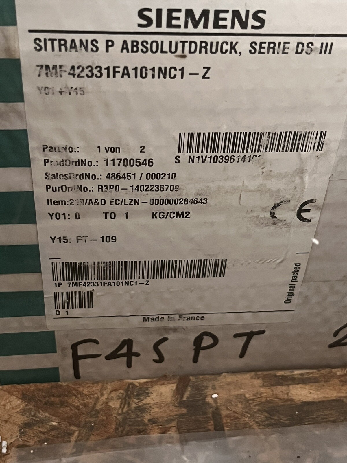 SIEMENS, SITRANS P ABSOLUTDRUCK SERIES DS III TRANSMITTER, 7MF4233-1FA10-1NC6-Z