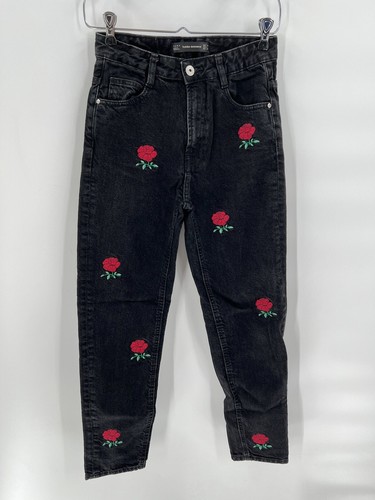 Zara Black Rose Print Jeans Womens Size 