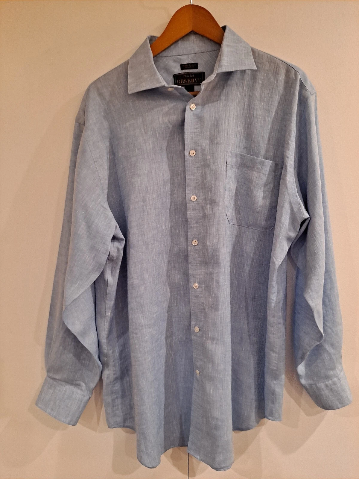Jos A Banks Reserve Wrinkle Resistant Tailored Fit Blue Linen Long SL 17/34 NWOT