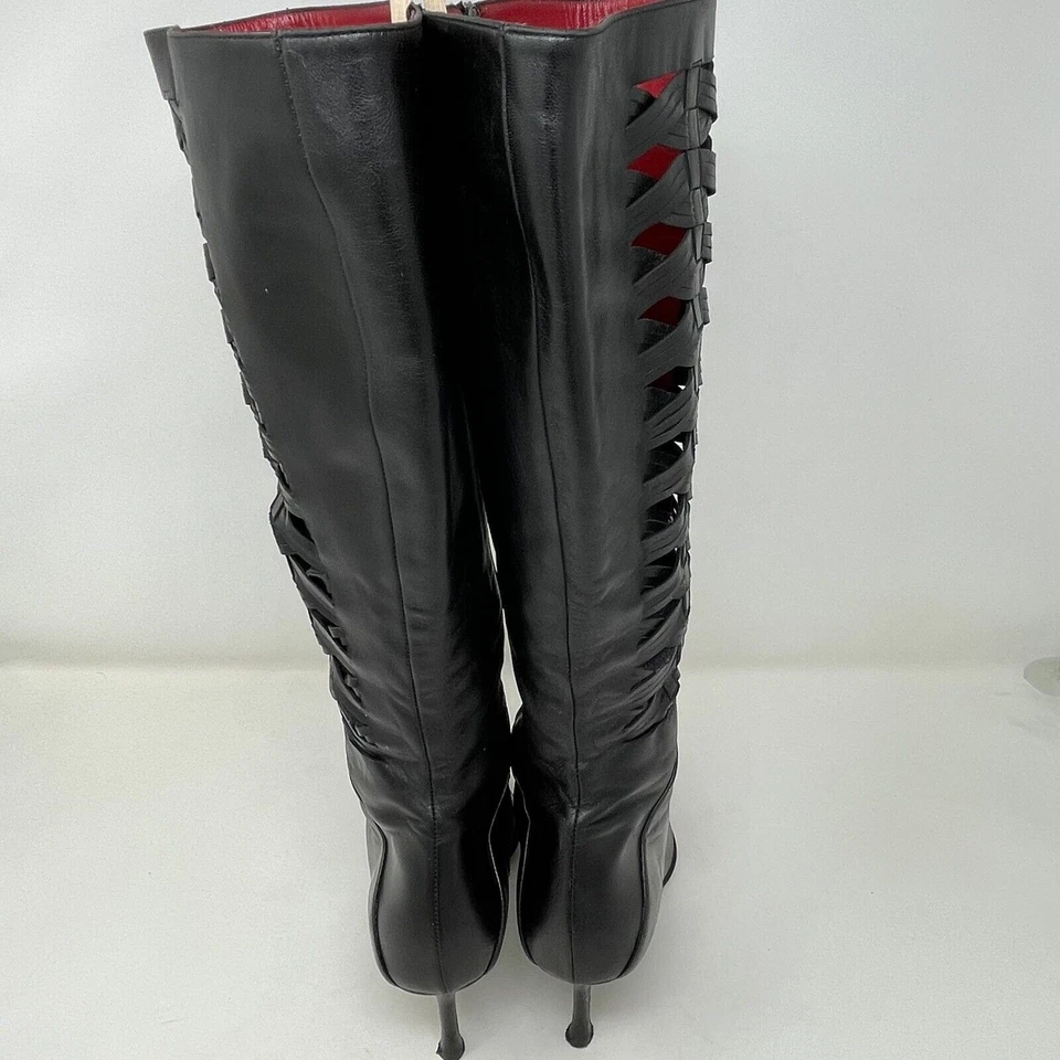 Cesare Paciotti Slim Leather Boots 37 7 Black Cross Weave Pointed Toe City Chic - Image 4 of 4