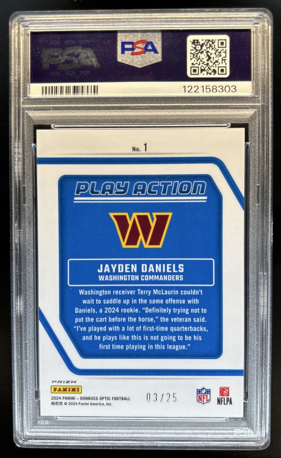 2024 Panini Donruss Optic Jayden Daniels Play Action RC Purple Stars #/25 PSA 10 view 2