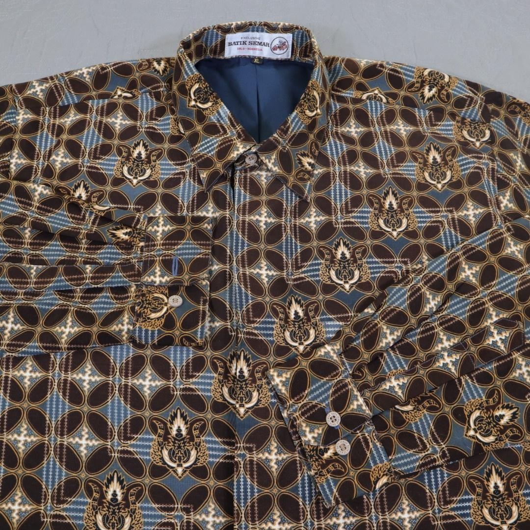 Batik Semar Shirt Mens Extra Large Brown Batik Long Sleeve Button Front Lined