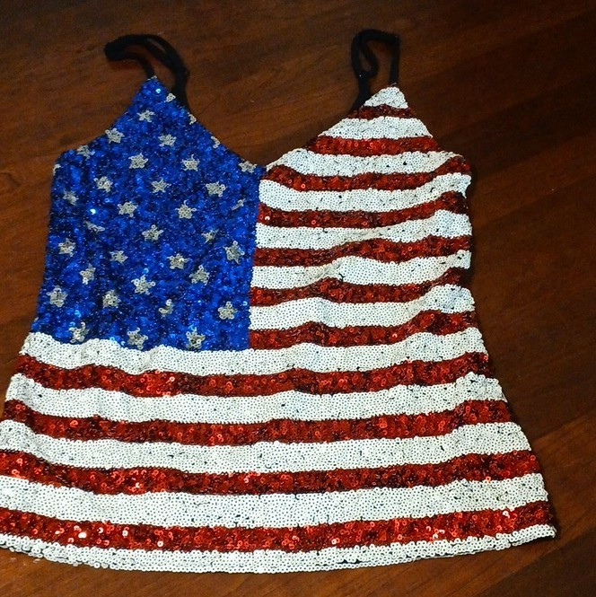 Vivid White Sequin American Flag Stars Stripes V-Neck Strap Mini Slip Dress M