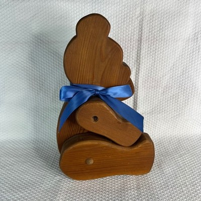 Vintage Solid Wood Teddy Bear with Blue Ribbon Bow 13 Inch Cottagecore Country