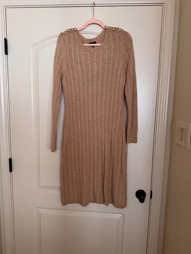 Talbots Cable Knit Button Shoulder Sweater Dress Camel Beige NW0T Size Medium