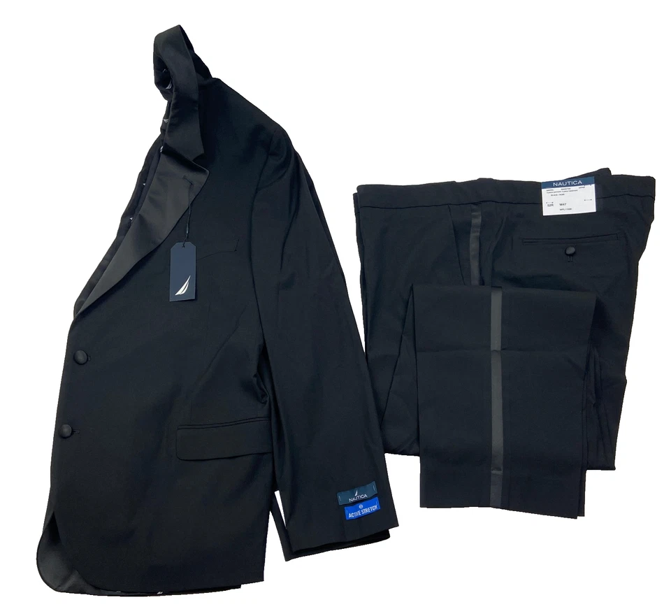 $395 NUEVO TRAJE DE ESMOQUIN NAUTICA 52R negro liso de 2 piezas con pantalones 47x30 para hombre Foto 2 de 4