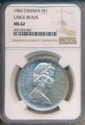CANADA 1966 SILVER DOLLAR LARGE BEADS **NGC CERTIFIED MS 62**