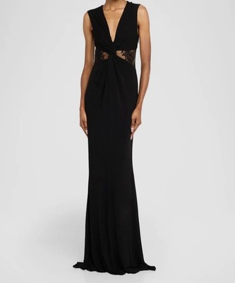 Roberto Cavalli Women's Black Twisted Plunging Lace-Inset Dress Size 38
