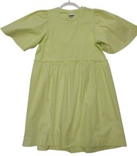 A New Day Dress Woman's M Green Neon Pleated Short Bell Sleeve Crew Neck Mini