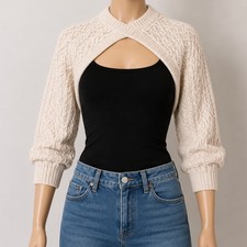 H M Womens Sweater Shrug Beige Cable Knit Ultra Cropped Bolero L