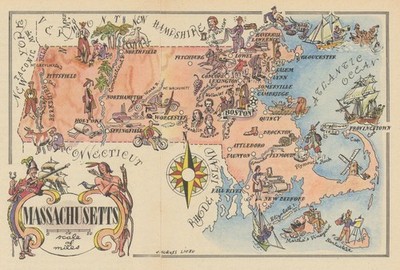 Massachusetts kleine Staatskarte von Jacques Liozu 1946 alte Vintage Plankarte