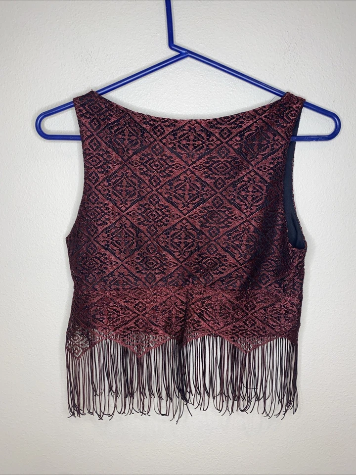 Vintage Necessary Objects Sleeveless Fringe Crop Top Size M Maroon Made In USA - Image 2 of 4