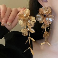 Gold Tone Flower Tassel Drop Earrings Women Long Plant Statement Jewelry.