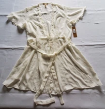 Flora Nikrooz Short Sheer Robe Women S/M Belted Floral Embroidery Off White New