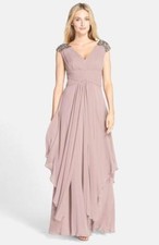 Eliza J Embellished Shoulder Layered Chiffon Gown-Mauve- Size 4 (F#1)