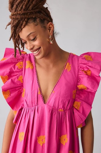 By Anthropologie V-Neck Ruffled Sleeve Babydoll Dress Size 14 - 第 2/7 張圖片