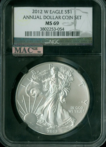 2012 W SILVER EAGLE NGC MS69 PQ ANNUAL SET MAC SPOTLESS BLACK HOLDER .