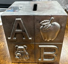 Vintage Silverplate Baby Alphabet Block Bank Animals  Letters B167 