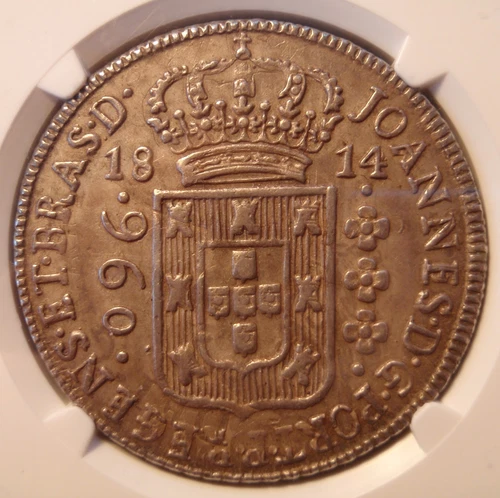 1814B Brazil Silver 960 Reis Counterstruck on 8 Reales NGC AU53!