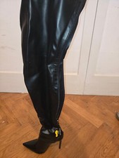 womens boots, thigh length, faux leather, 4.5 inch heels.