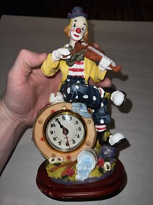 Clown Playing Violin with Clock On Wooden Base by Brinns VGC Resin *Works*