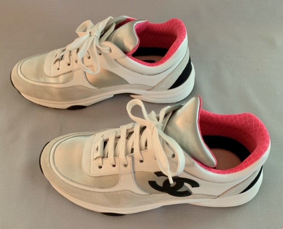 CHANEL Silver &amp;White Classic Woman's Leather Sneakers US Size 8 | eBay